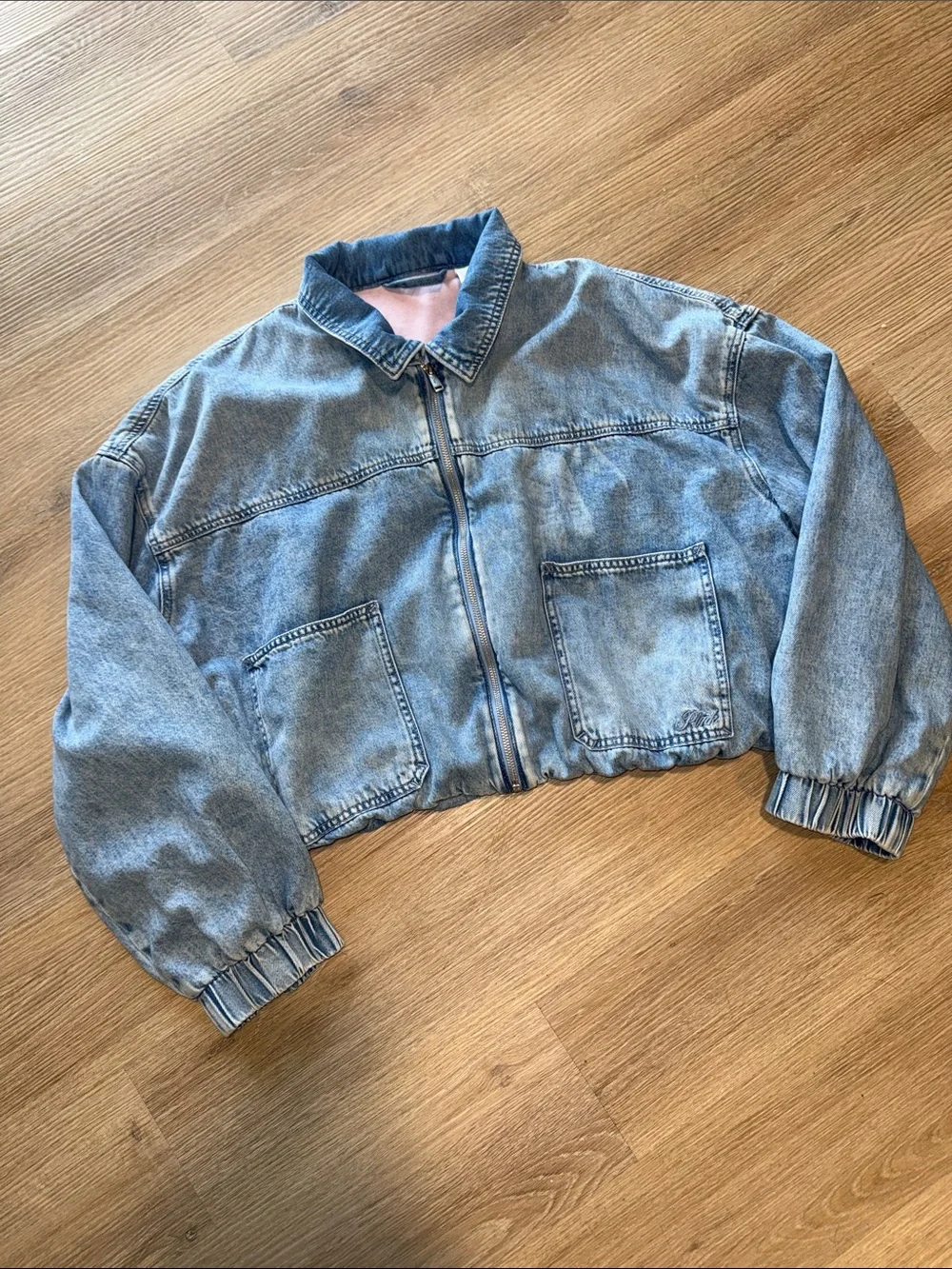 VICTORIA'S SECRET PINK Light Blue Wash Cropped Zipper Collared Denim Jean Jacket